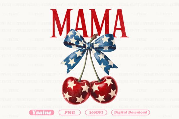 4th of July Mama PNG Cherry Coquette Bow: A Sweet Patriotic Design